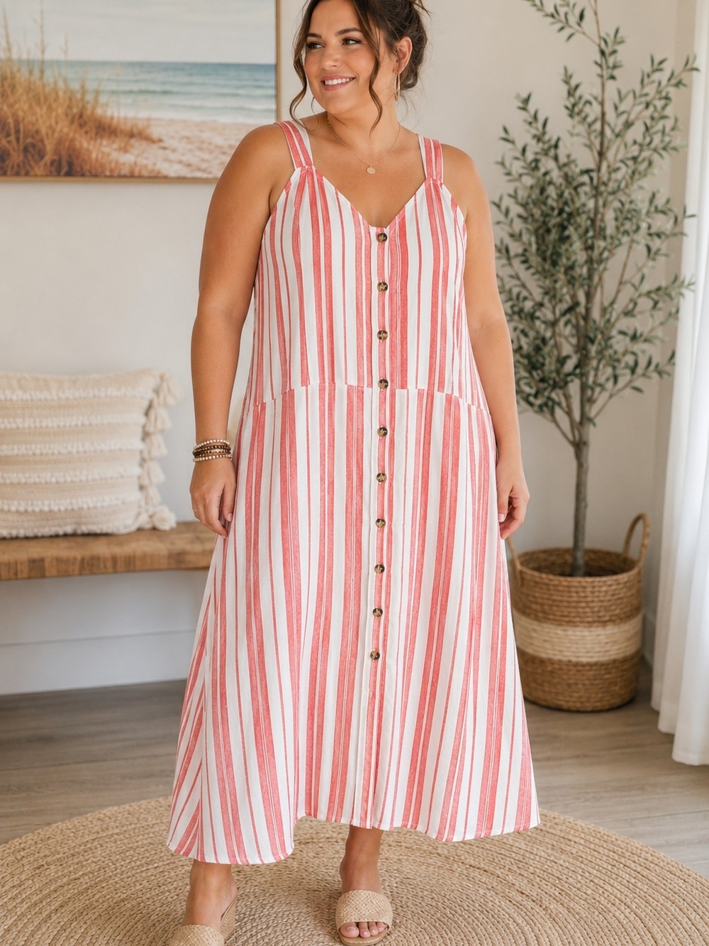Terra & Sky Coral Wide Stripe Button Front Linen Blend Midi Maxi Dress Costal